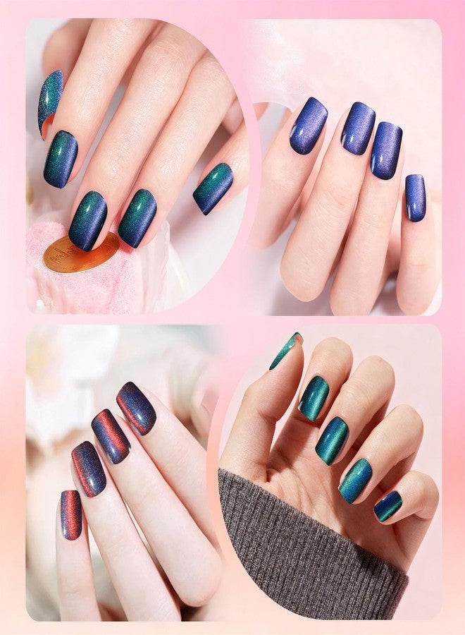 Allstarry Cat Eye Press on Nails, 15 Full Sizes Range Cat Eye Nails Press Ons 4 Changing Colors Cateye Presson Nail for Women 120pcs Chameleon Glossy Short Square Fake Nail Tips Stick DIY Salon - Image 5